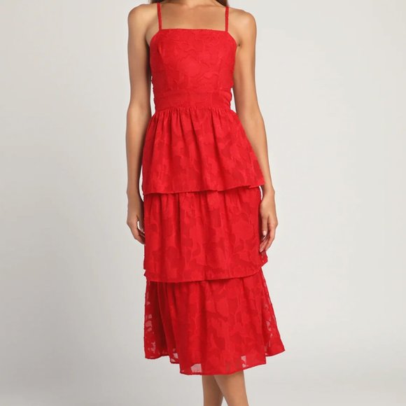 Lulus Dresses & Skirts - Grace and Beauty Red Burnout Floral Print Tiered Dress
